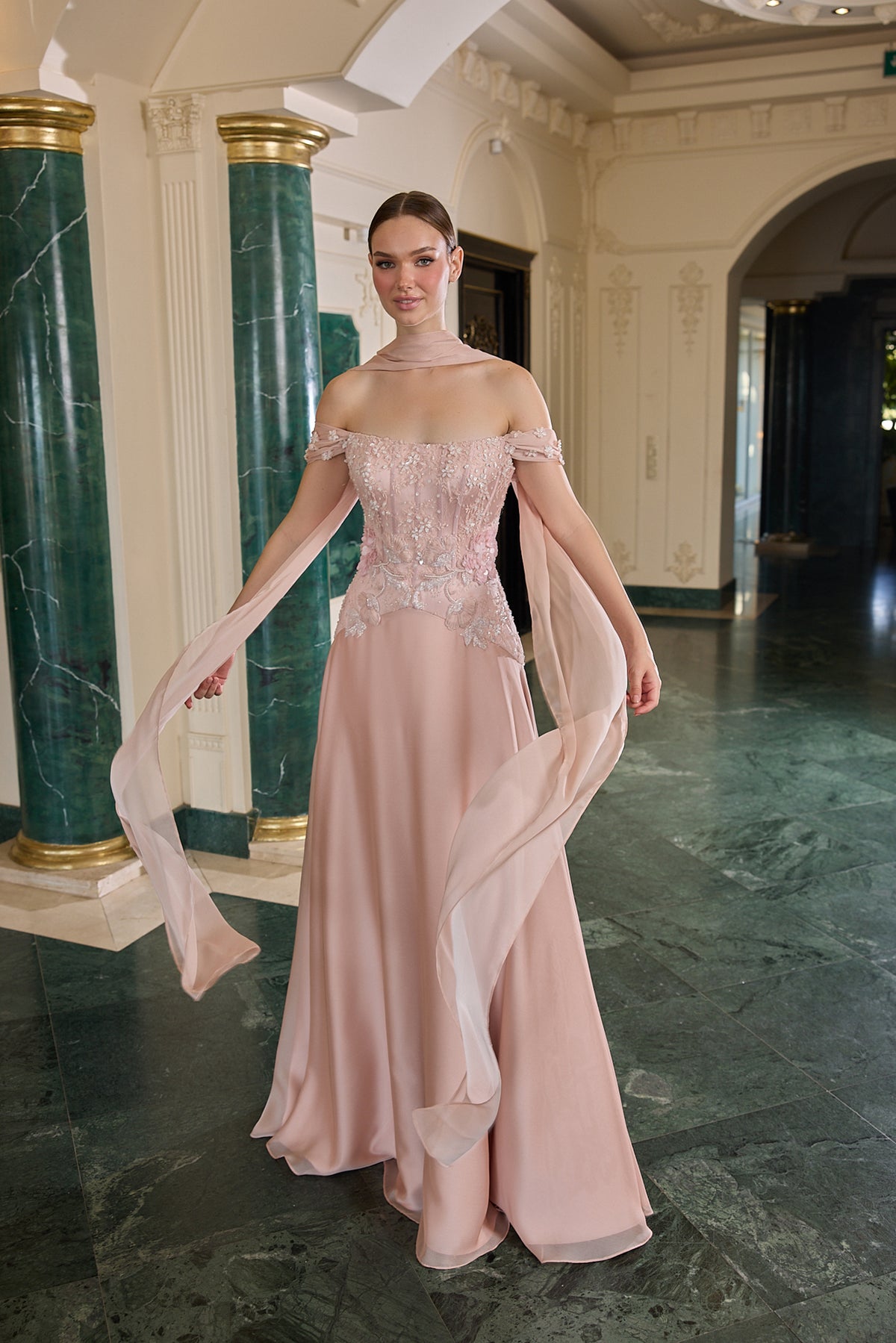 Odessa Floral Embellished Off-Shoulder Evening Gown