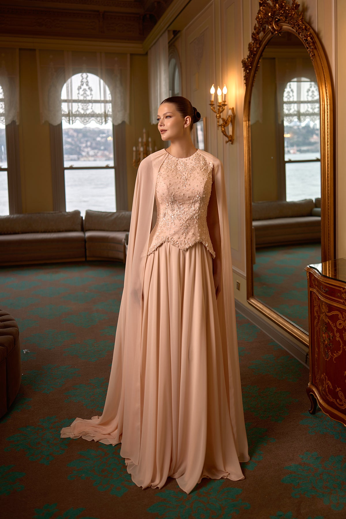 Eileen Embroidered Modest Evening Gown with Cape Detail