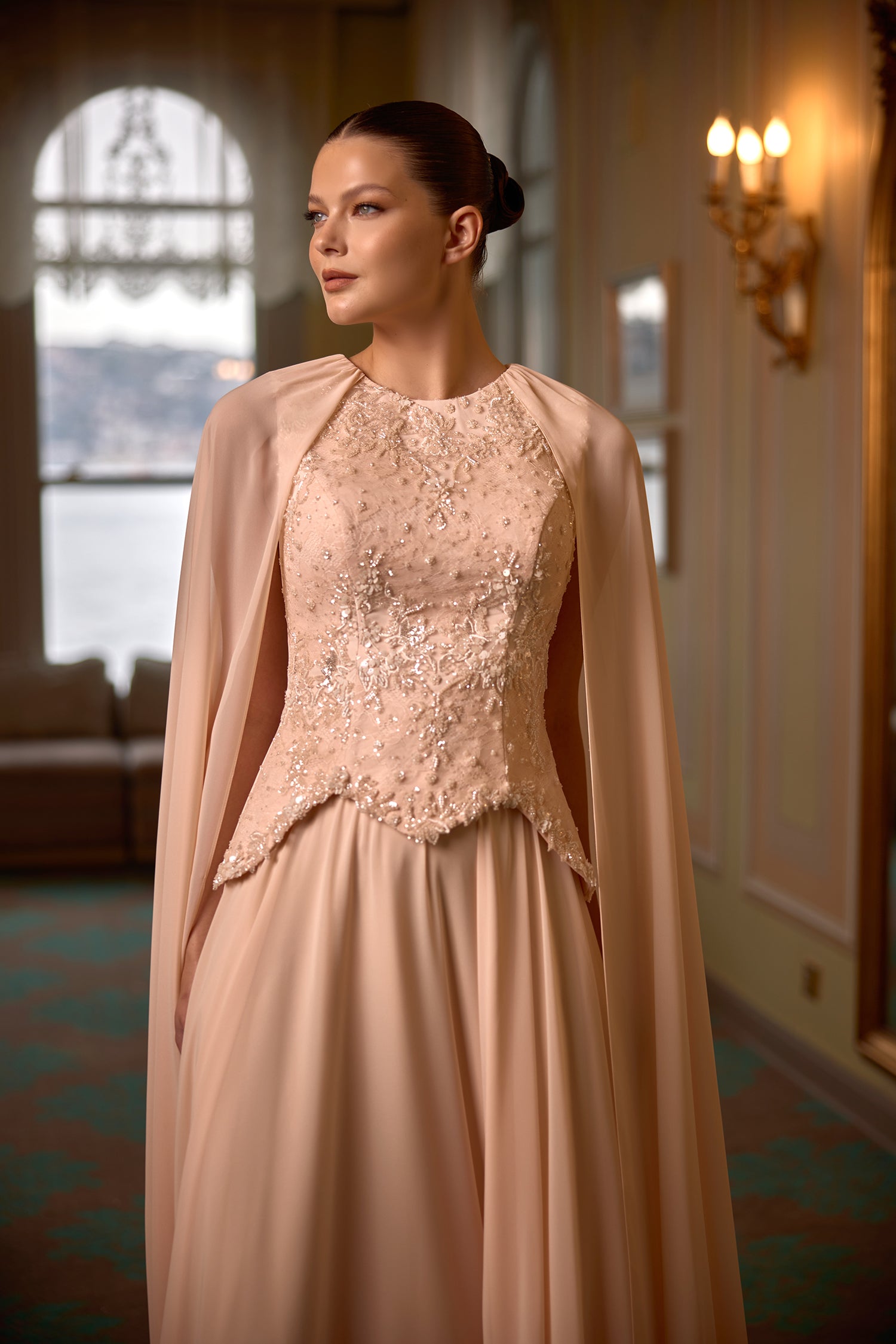 Eileen Embroidered Modest Evening Gown with Cape Detail