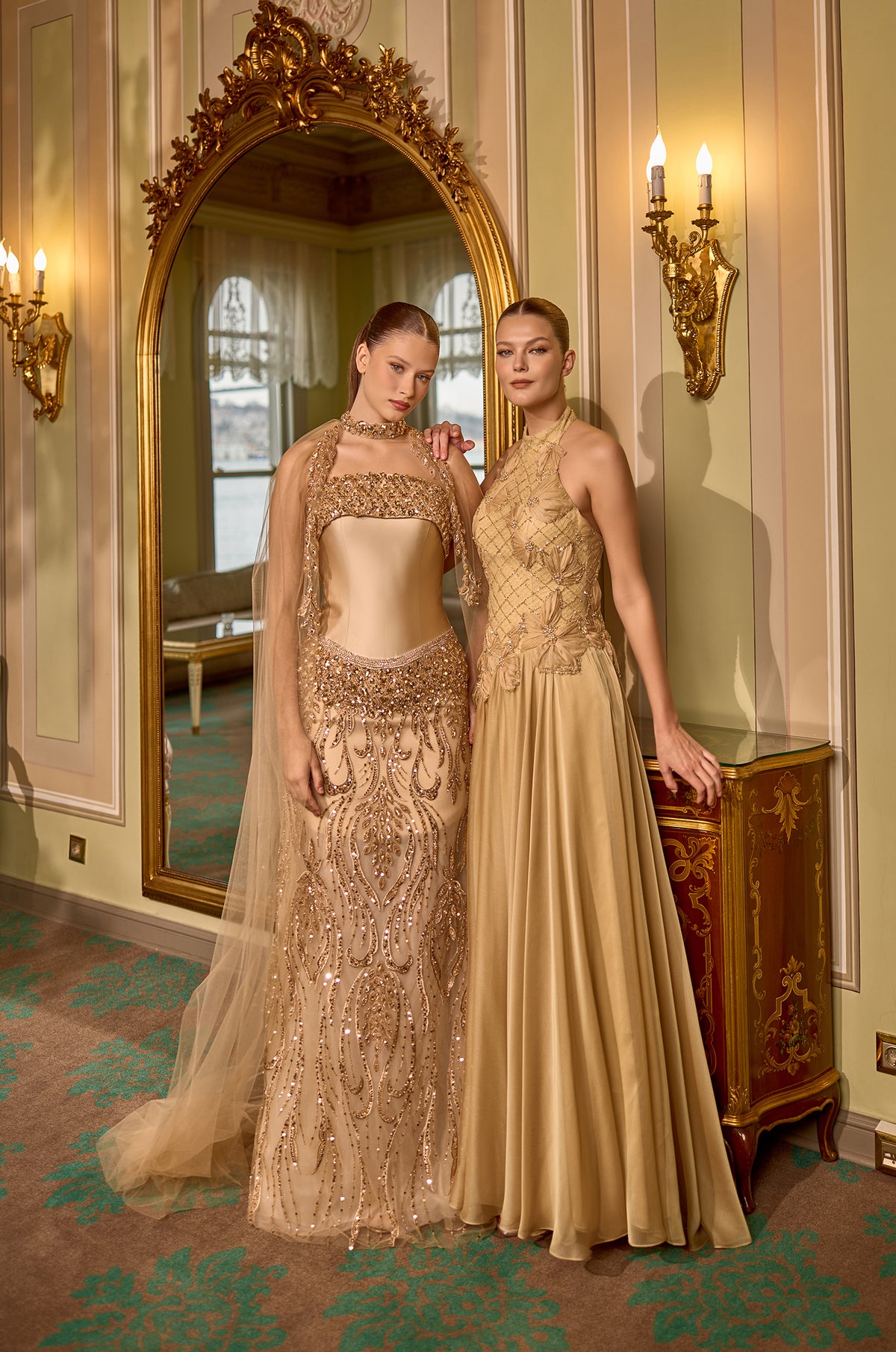 Gloria Gold Halter Neck Embellished Chiffon Evening Gown