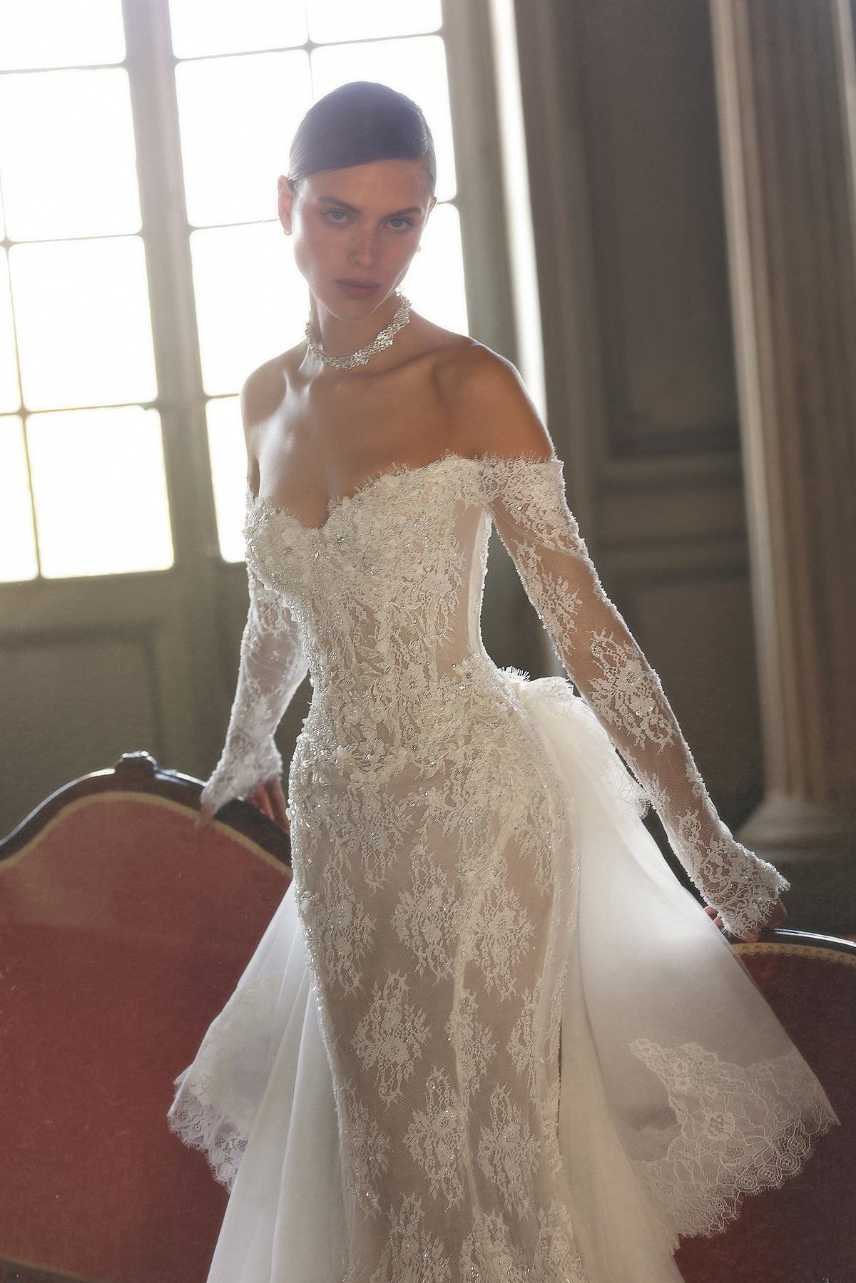 Encore by Maison Harleen couture gown — three-quarter view highlighting the bodice details