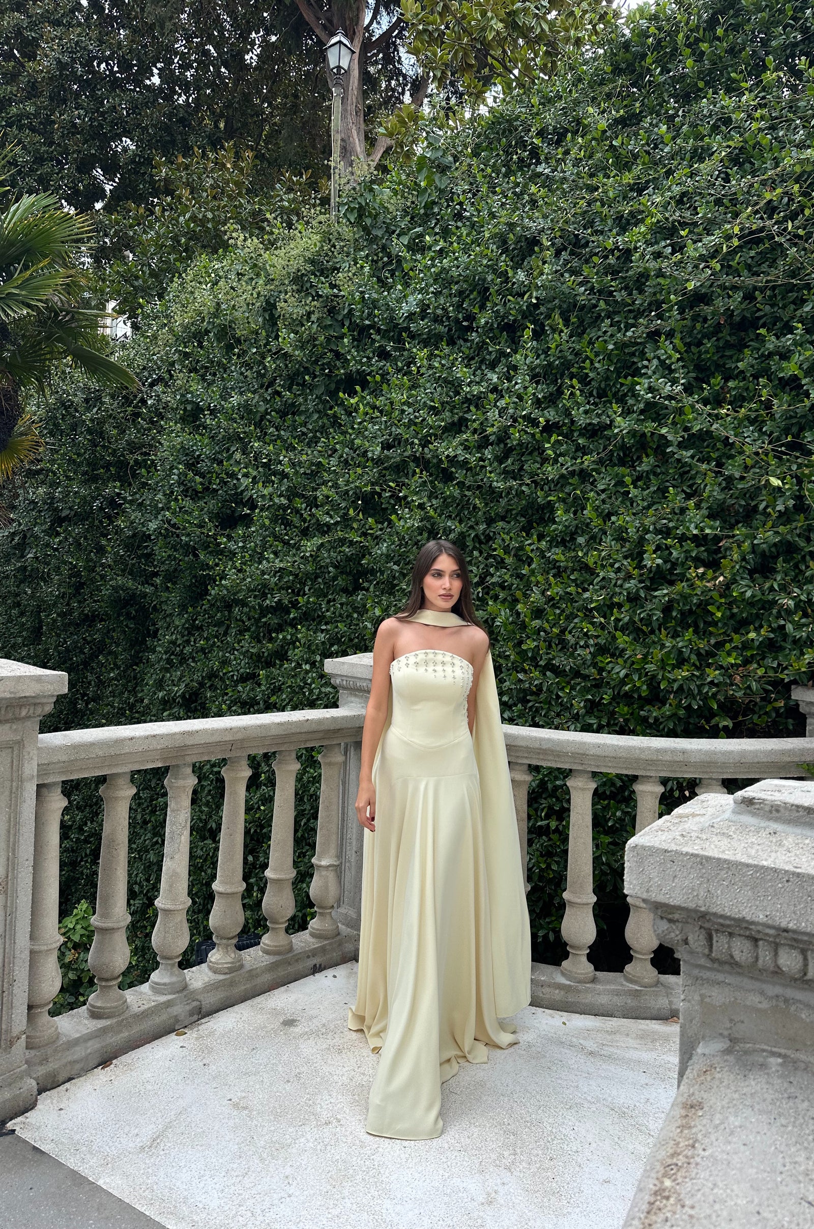 Savannah Draped Neck Soft Ivory Evening Gown