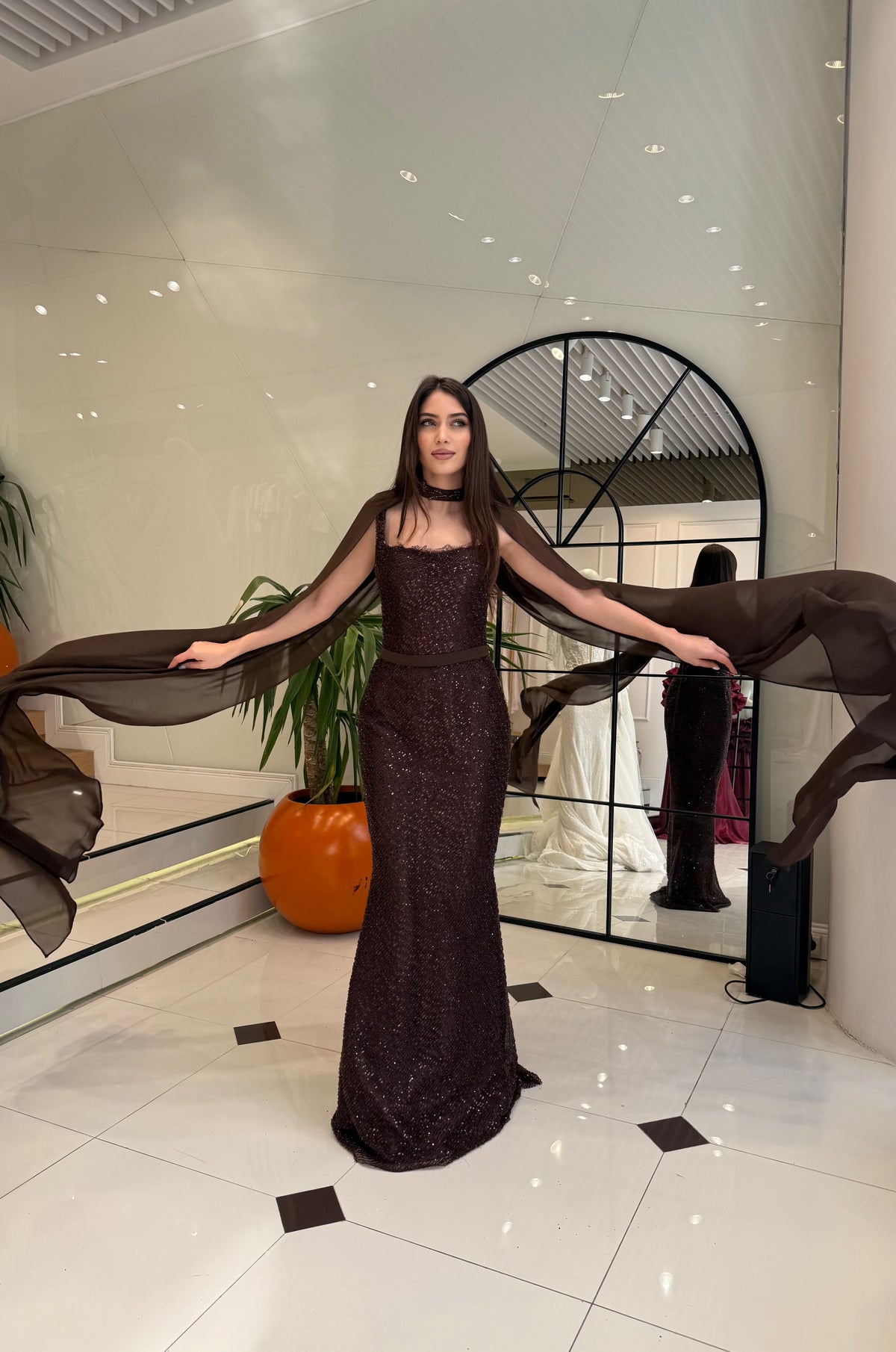 Noiré Draped Sequin Couture Evening Gown