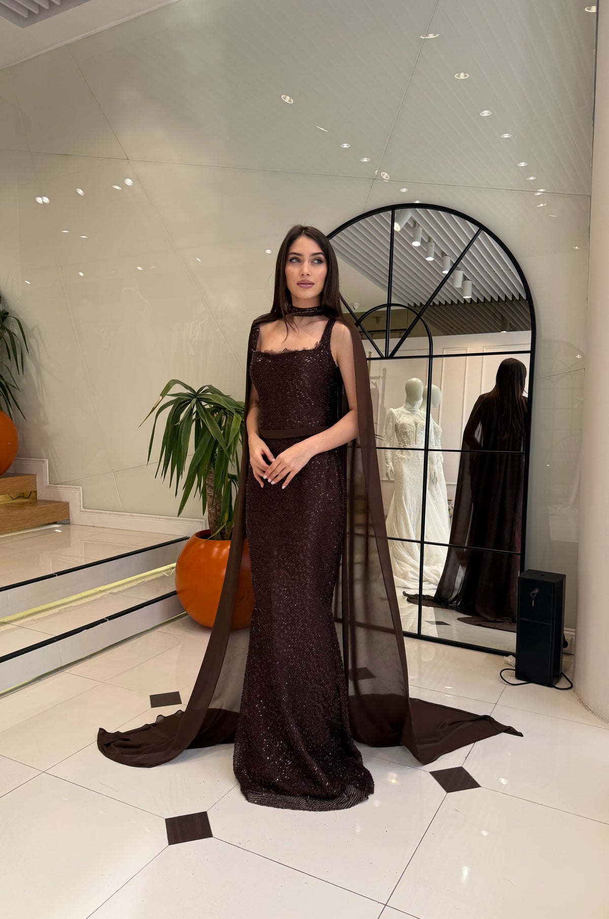 Noiré Draped Sequin Couture Evening Gown