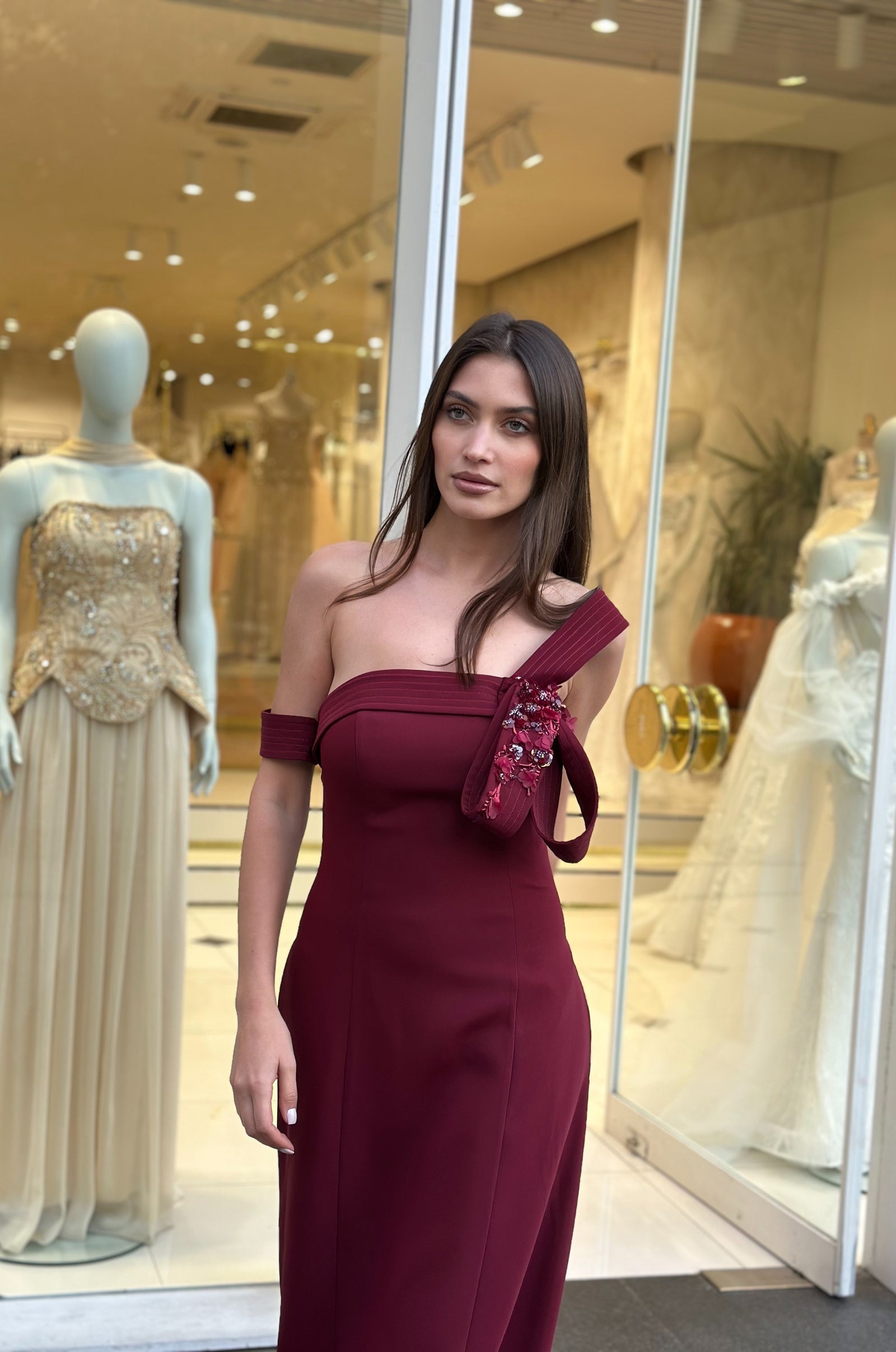 Karen One-Shoulder Burgundy Evening Gown with Floral Detail