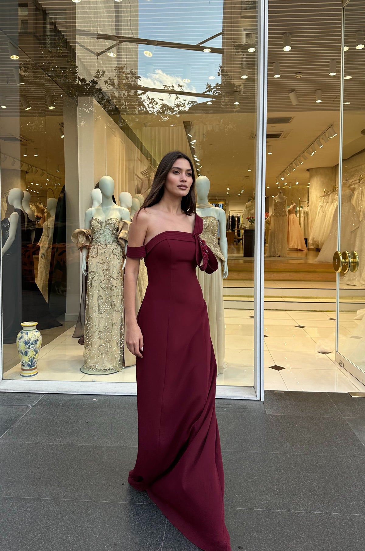 Karen One-Shoulder Burgundy Evening Gown with Floral Detail