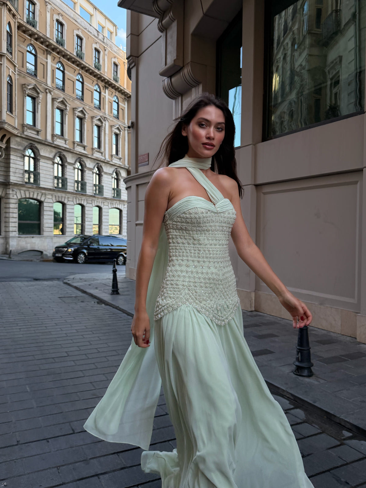 Amy Embellished Satin Couture Gown in Ivory