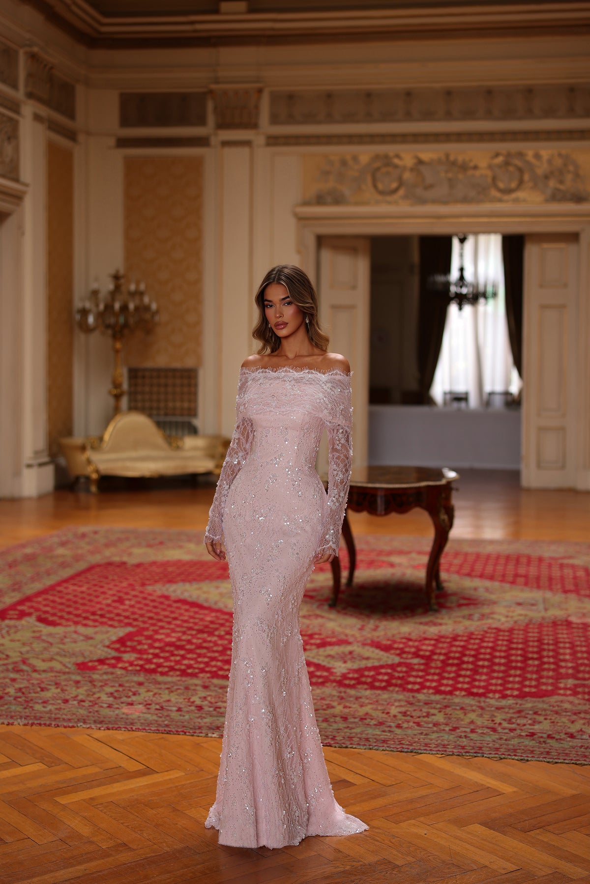 Penelope’s Off-Shoulder Embellished Couture Gown in Blush Pink
