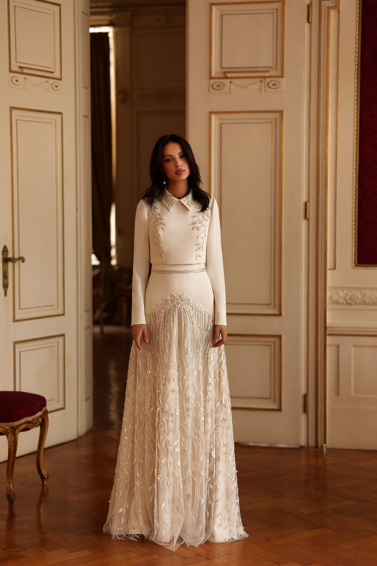 Freya Embellished Modest Couture Gown in Ivory