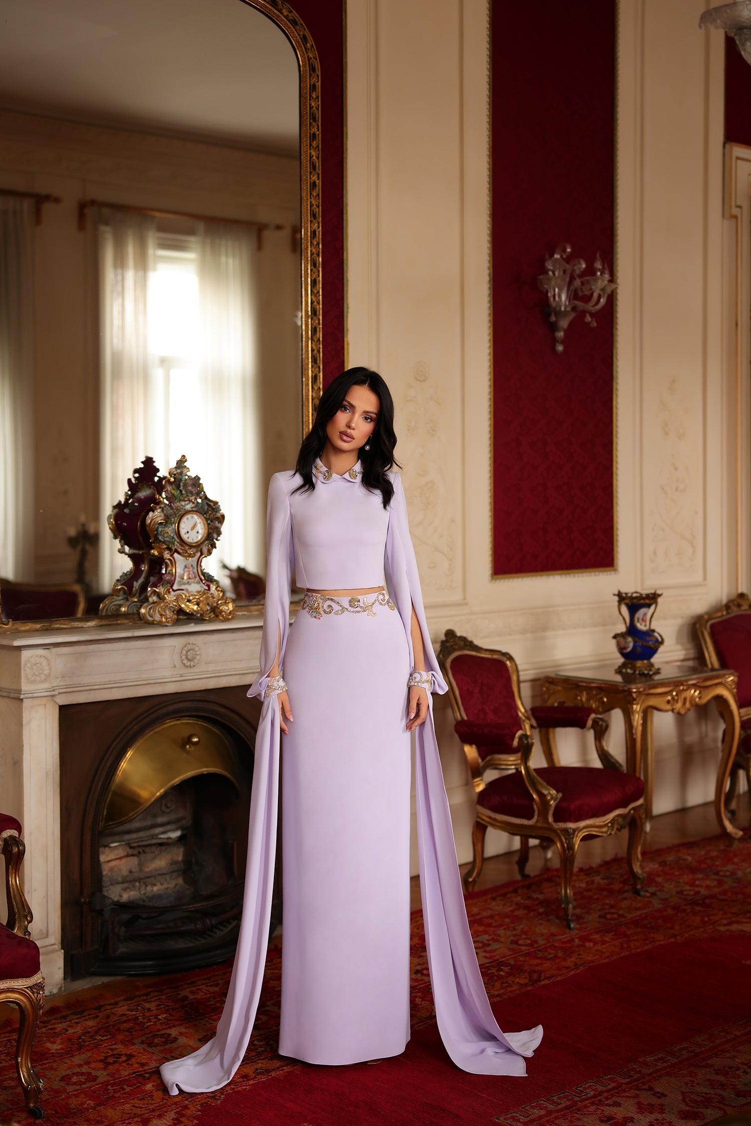 Giselle Embellished Cape Sleeve Couture Gown in Soft Lilac