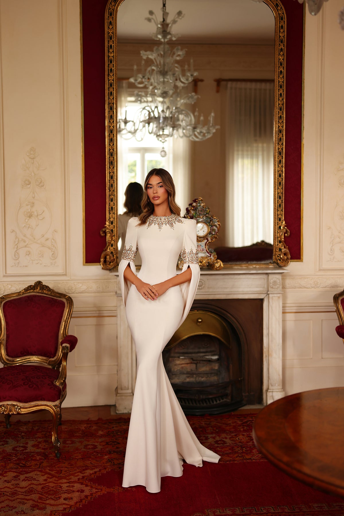 Jasmin Embellished Cape Sleeve Couture Gown in Ivory
