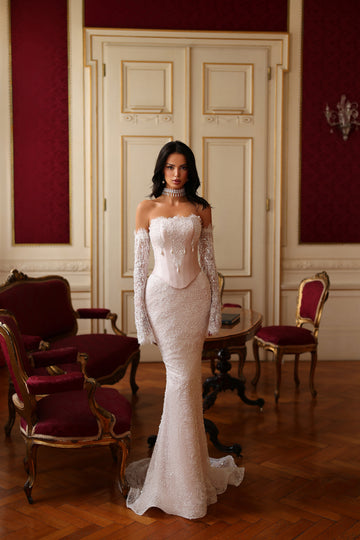 Bella Embellished Corset Couture Gown in Light Pink