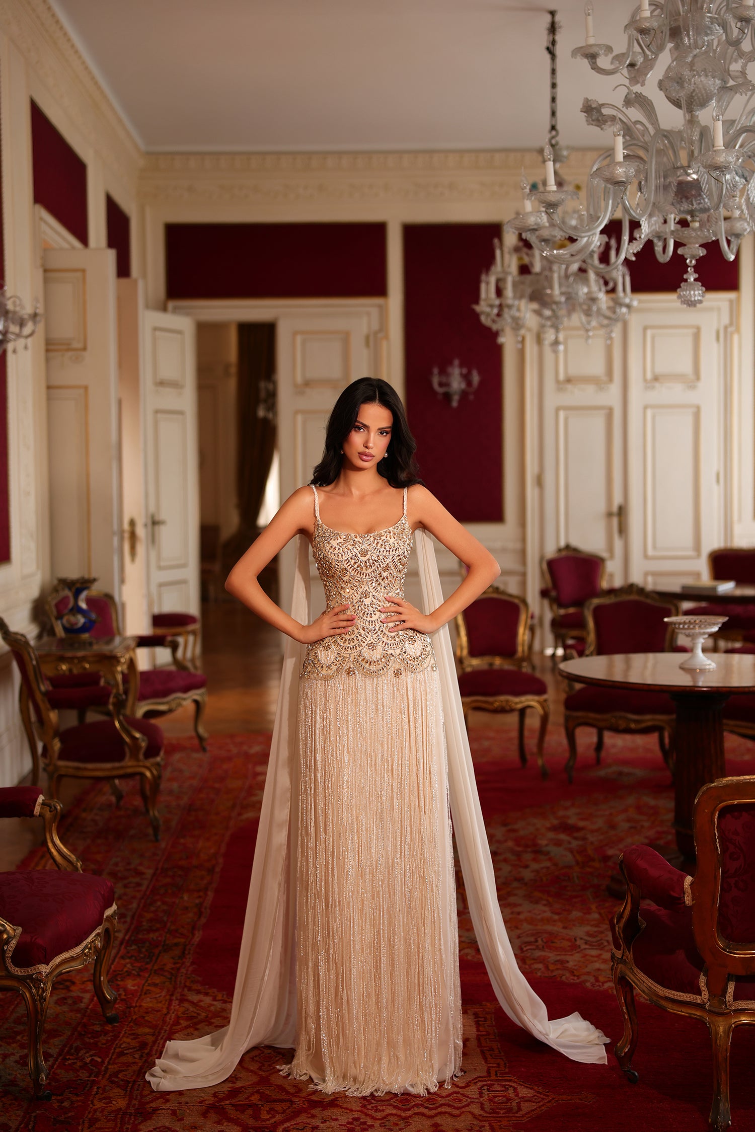 Fiona Embellished Fringe Couture Gown in Champagne Gold