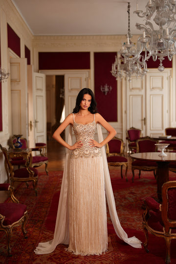Fiona Embellished Fringe Couture Gown in Champagne Gold