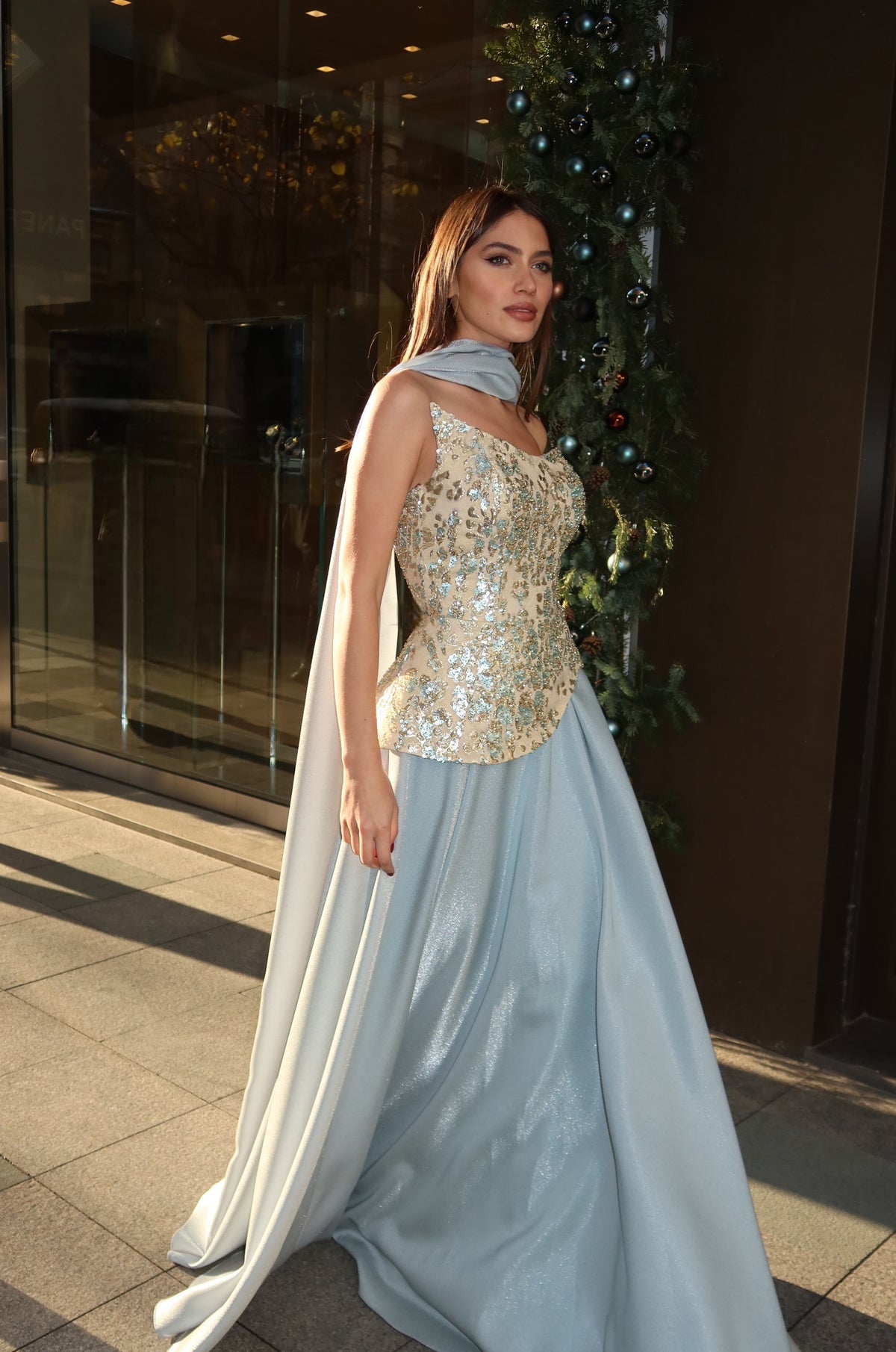 Violet’s Embellished Couture Evening Gown in Ice Blue & Champagne