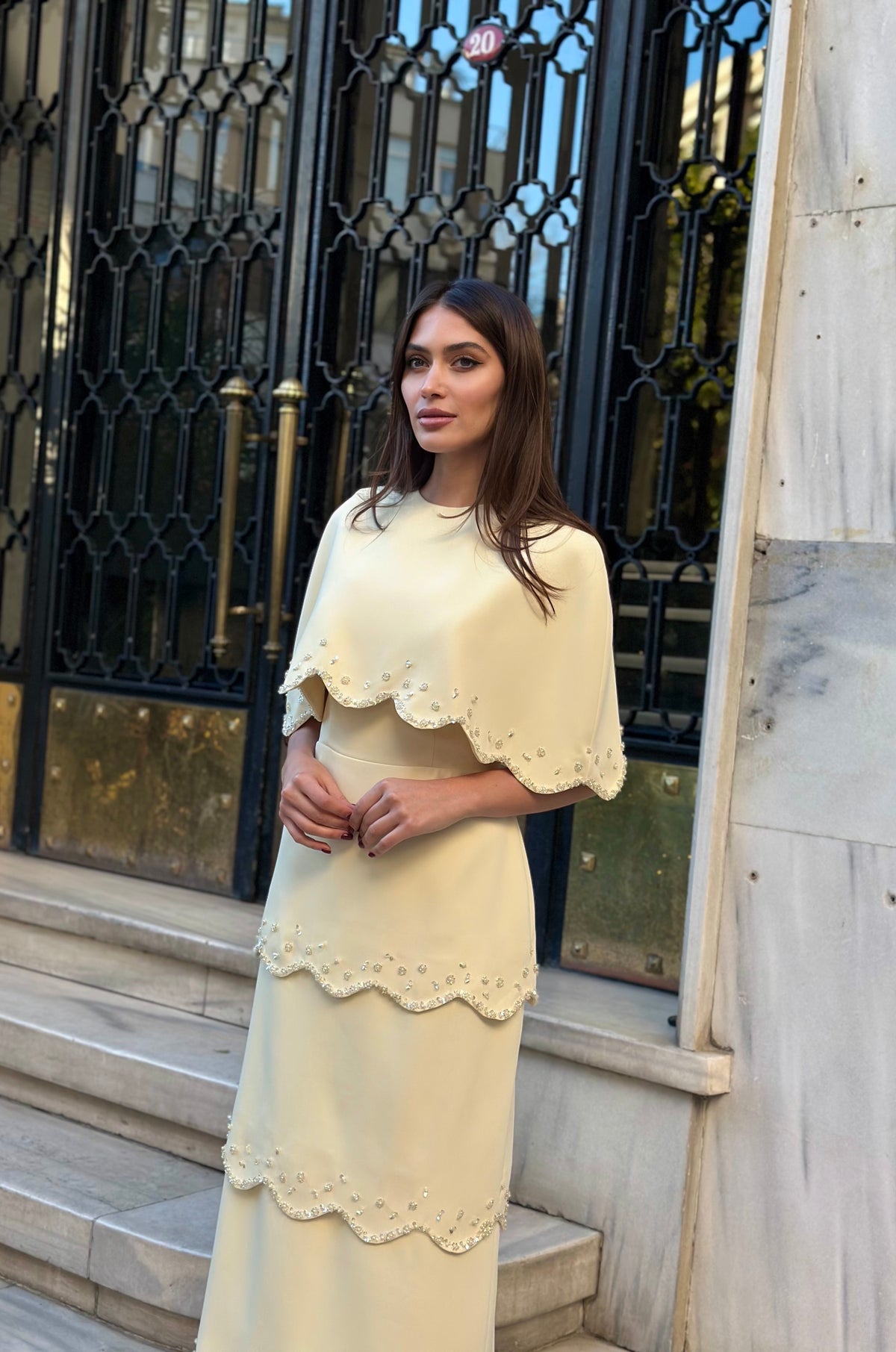 Lily Modest Cape Sleeve Evening Gown in Soft Butter Yellow