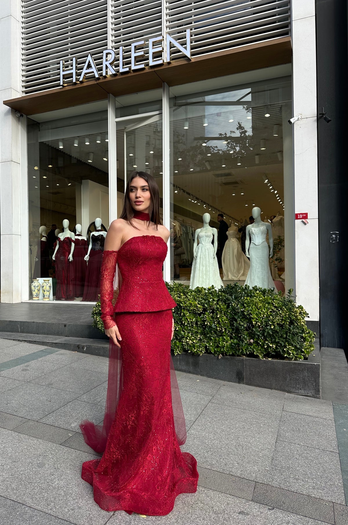 Charlotte Lace Corset Evening Gown in Ruby Red