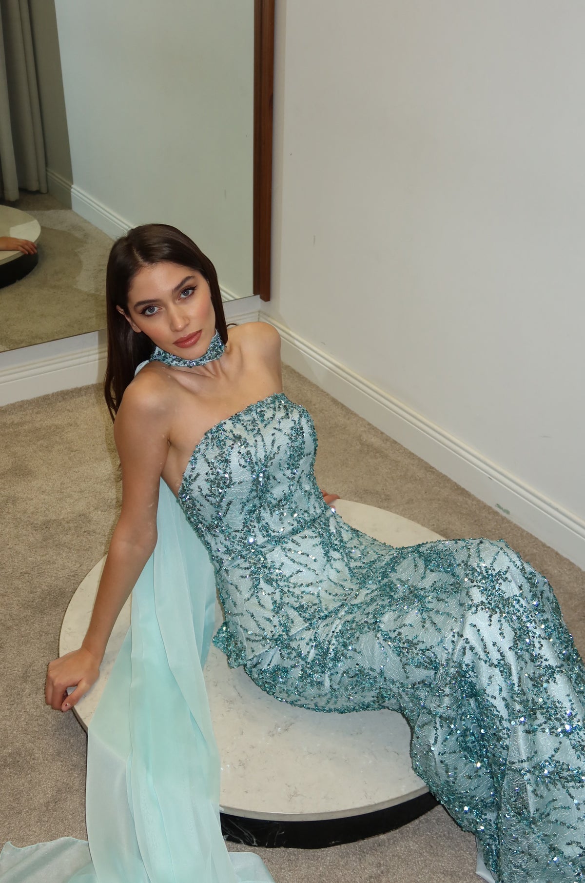 Zoe Embellished Ice Blue Strapless Evening Gown with Choker Cape