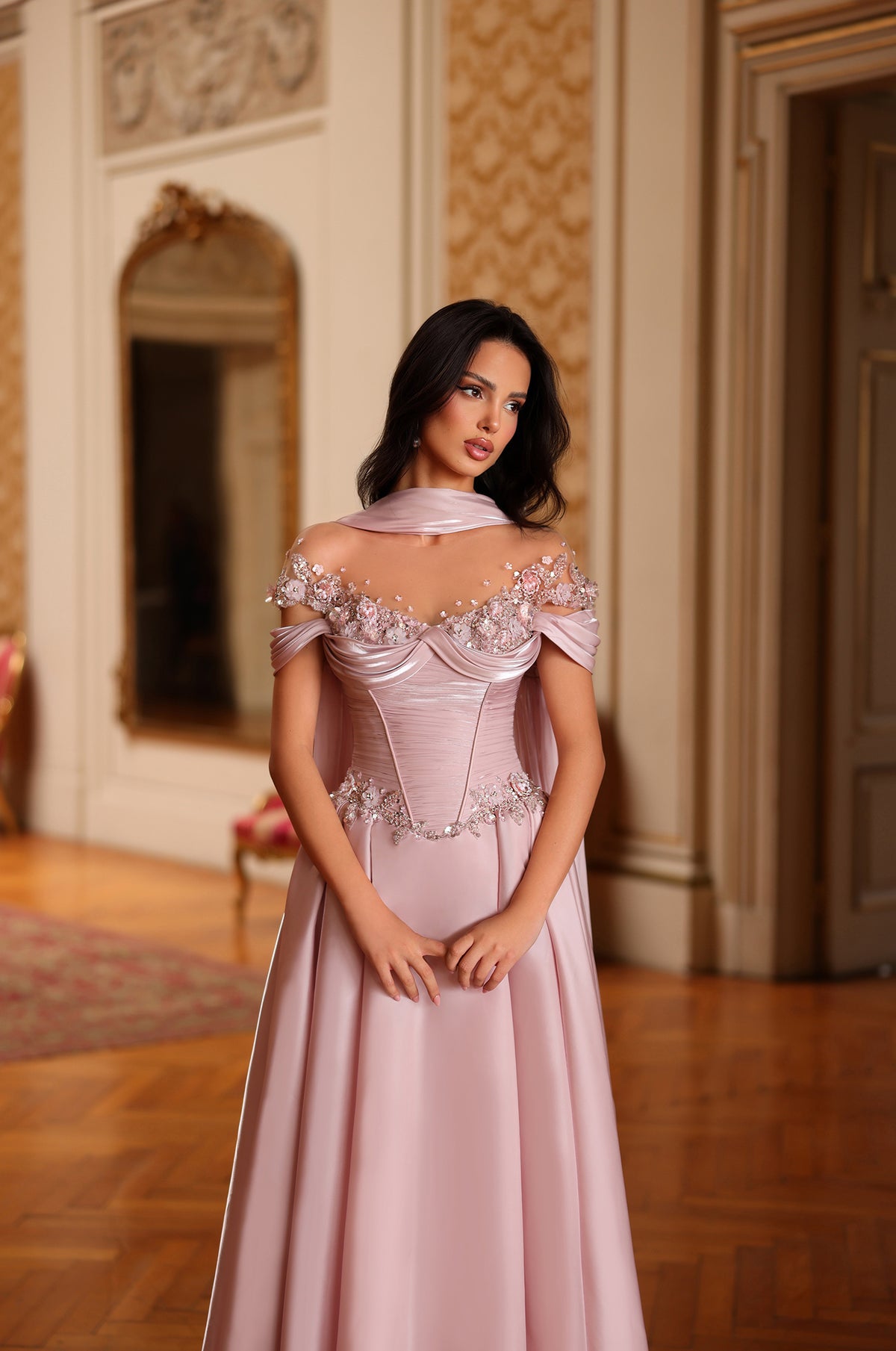 Aurora Off-Shoulder Modest Ball Gown in Dusty Rose