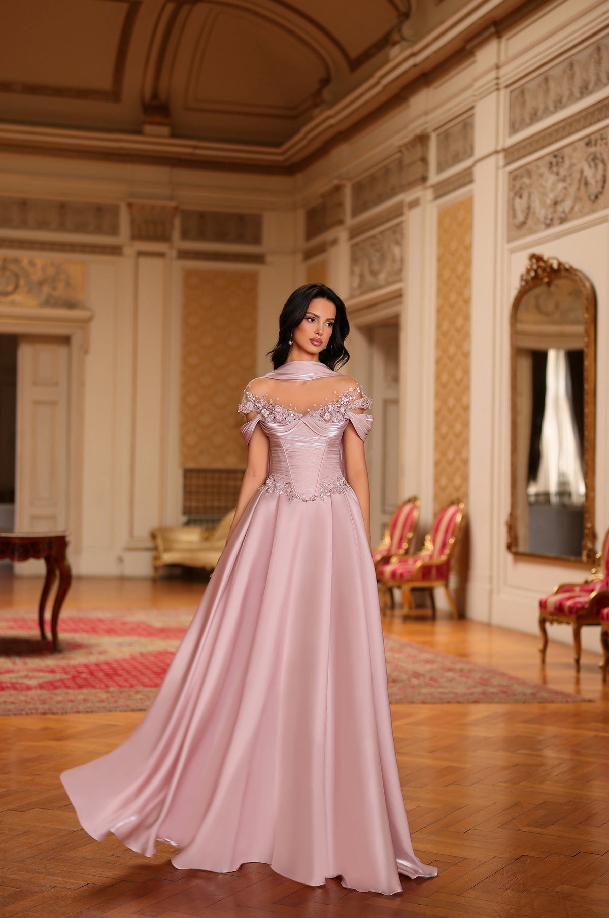 Aurora Off-Shoulder Modest Ball Gown in Dusty Rose