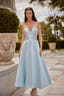 Melisande ice blue embellished satin midi gown, full-length front view with plunging strapless bodice
