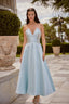 Melisande Ice Blue Embellished Satin Midi Couture Evening Gown