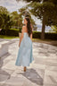 Melisande Ice Blue Embellished Satin Midi Couture Evening Gown