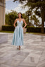 Melisande Ice Blue Embellished Satin Midi Couture Evening Gown