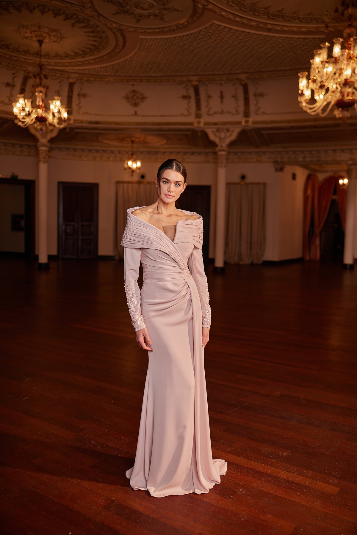Silva Draped Off-Shoulder Couture Evening Gown