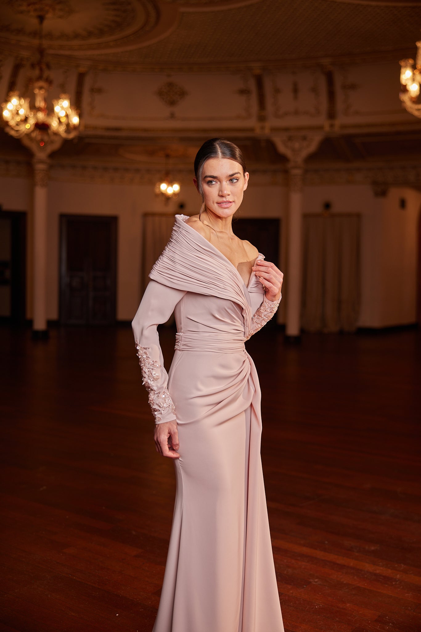 Silva Draped Off-Shoulder Couture Evening Gown