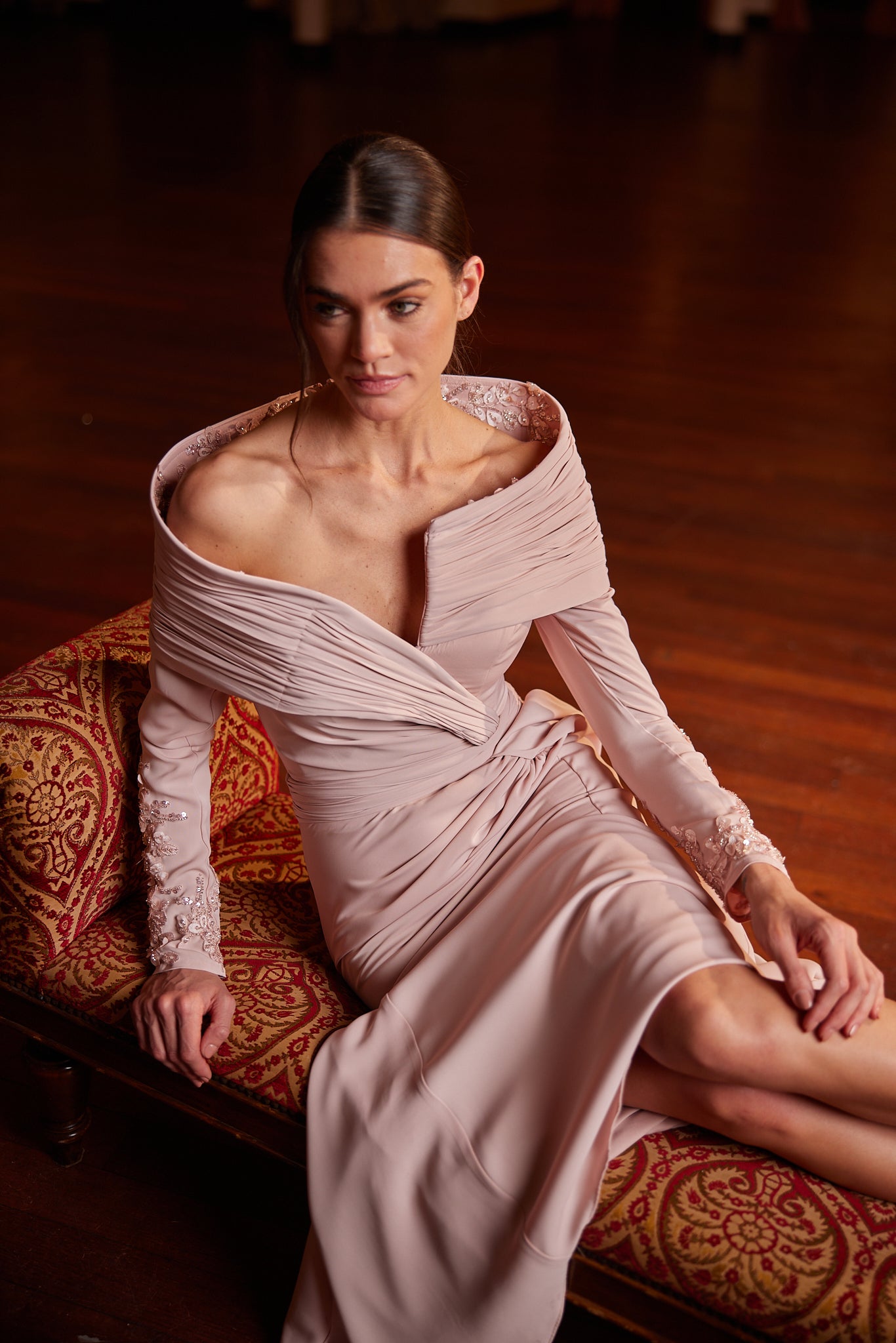 Silva Draped Off-Shoulder Couture Evening Gown