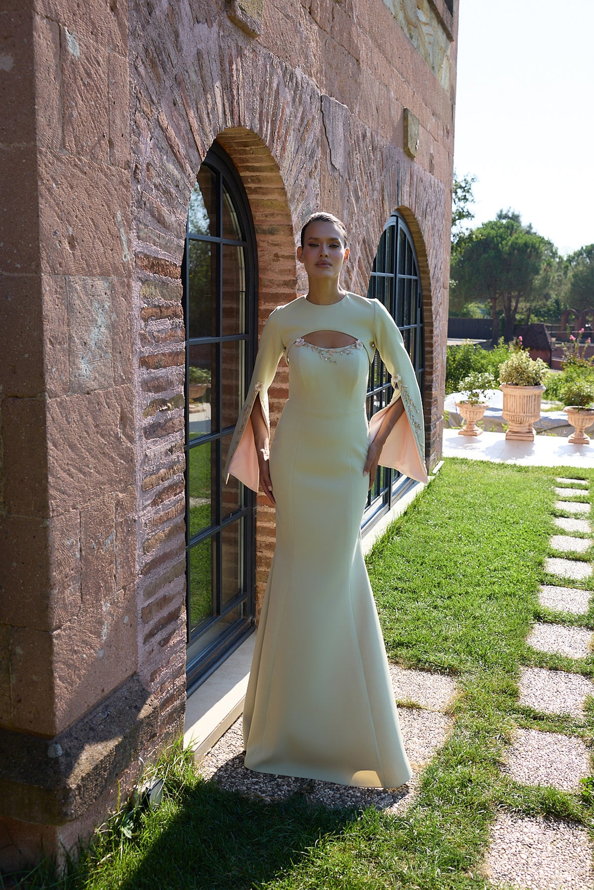 Alverine Pale Mint Cutout Cape Sleeve Gown