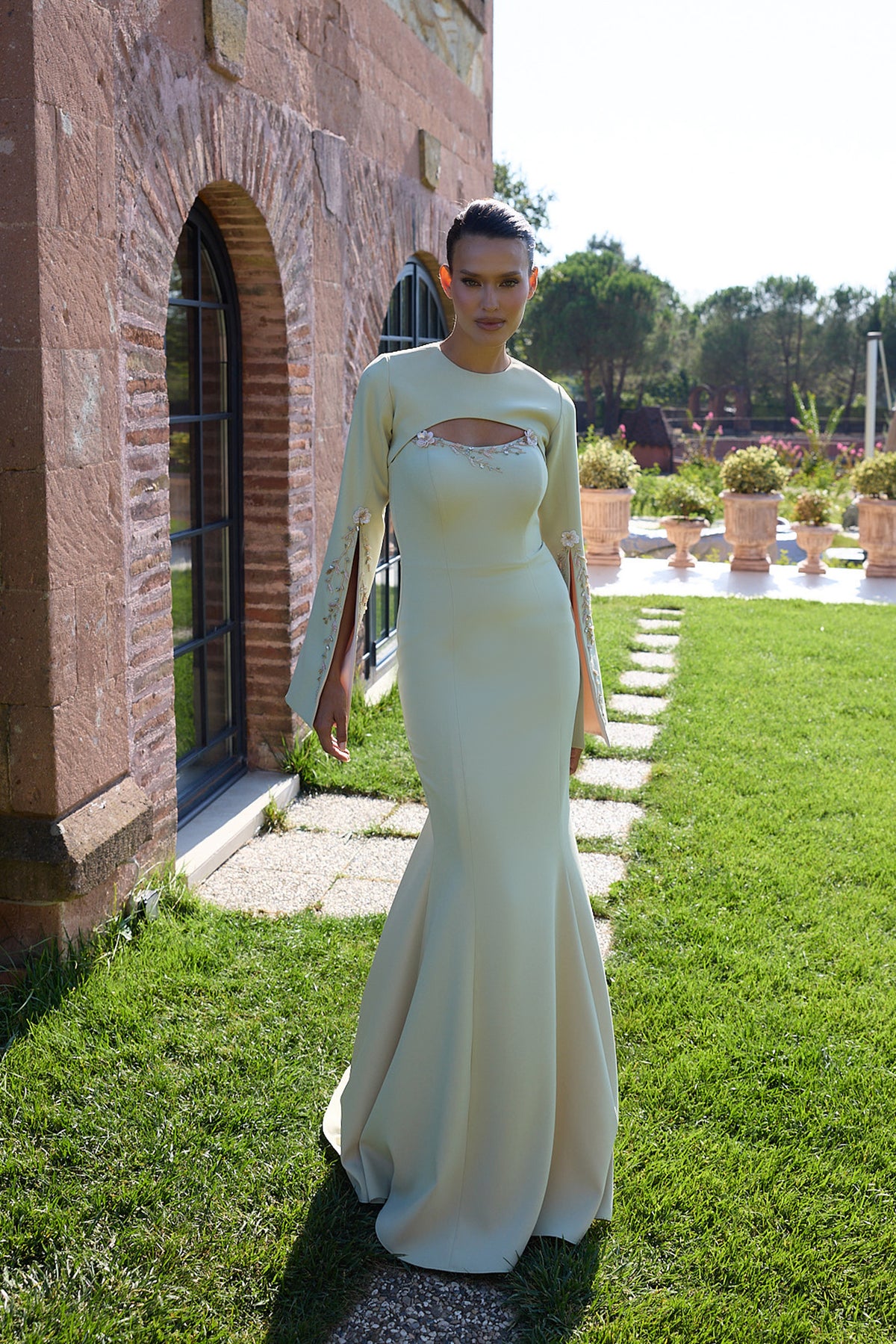Alverine Pale Mint Cutout Cape Sleeve Gown