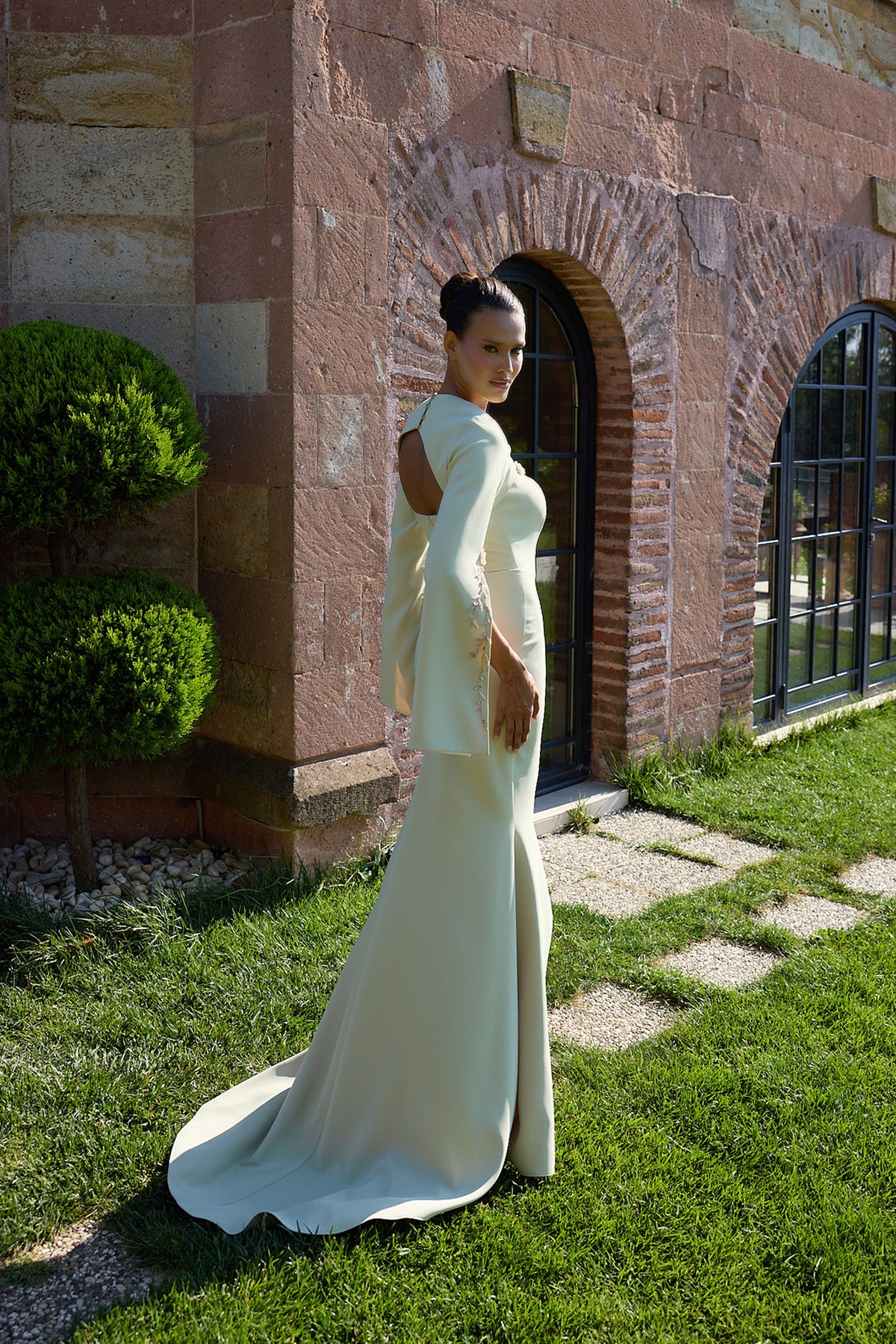 Alverine Pale Mint Cutout Cape Sleeve Gown