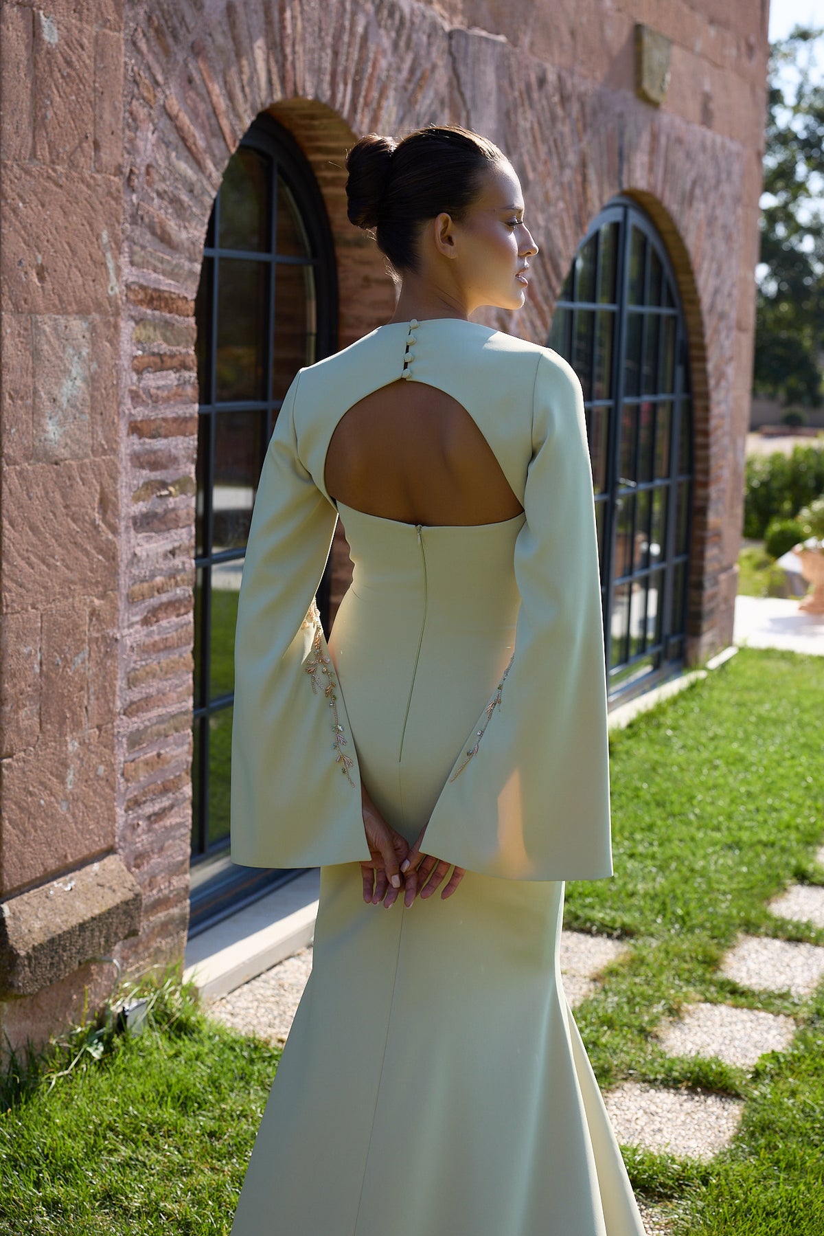 Alverine Pale Mint Cutout Cape Sleeve Gown