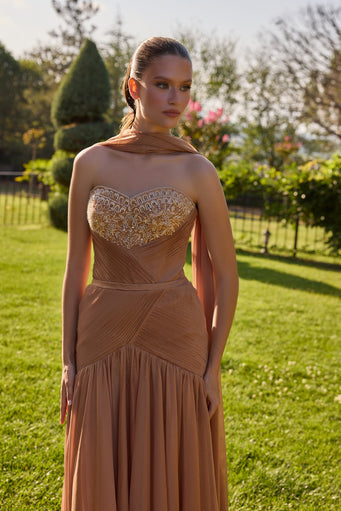 Ambrelise Caramel Embellished Draped Gown