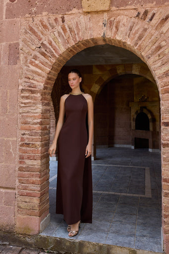 Ambrienne Chocolate Halter Fringe Cape Gown