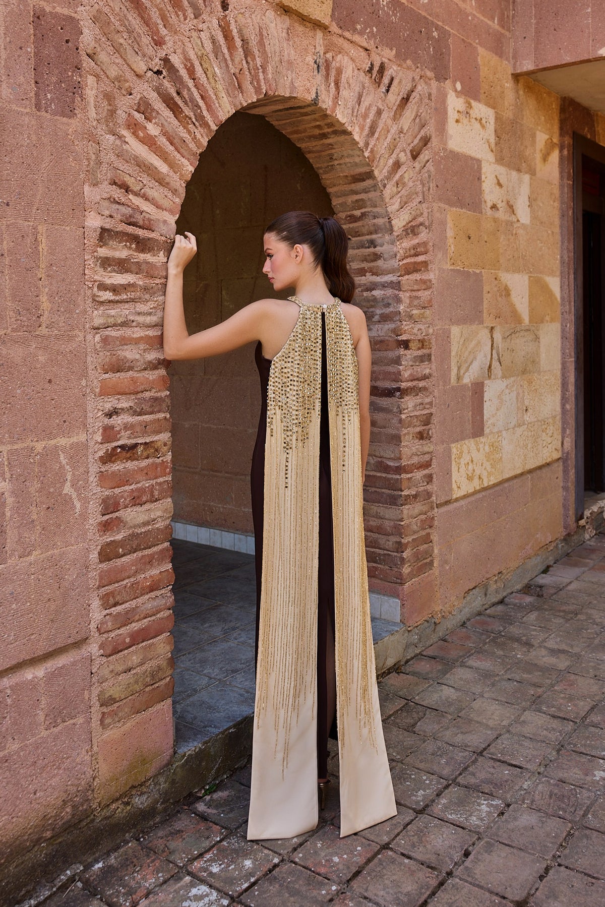 Ambrienne Chocolate Halter Fringe Cape Gown