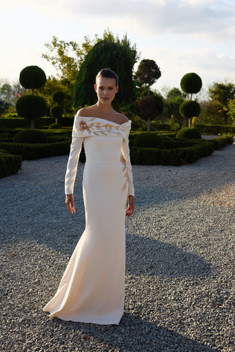 Aurevienne Ivory Gold Floral Long Sleeve Gown