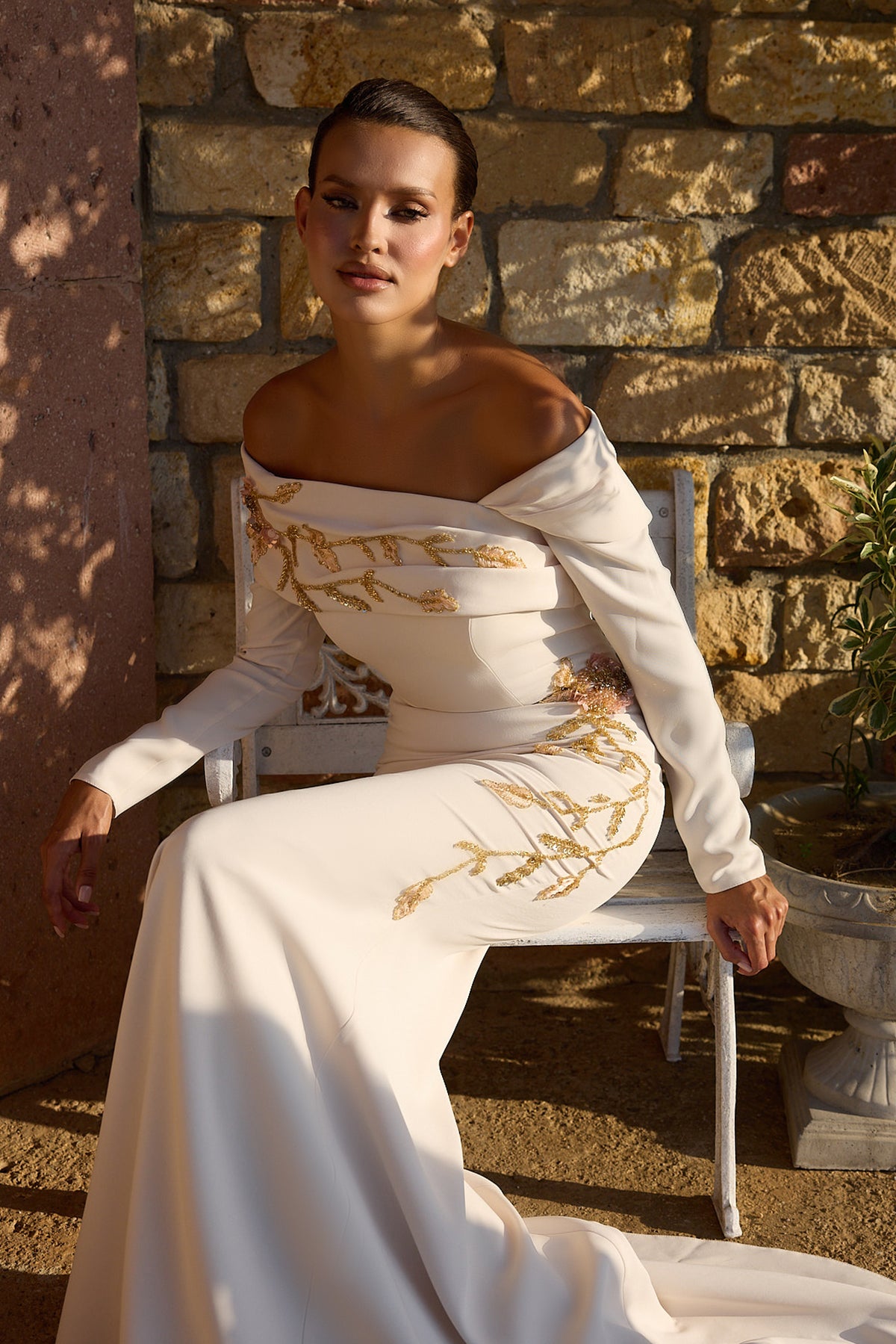 Aurevienne Ivory Gold Floral Long Sleeve Gown