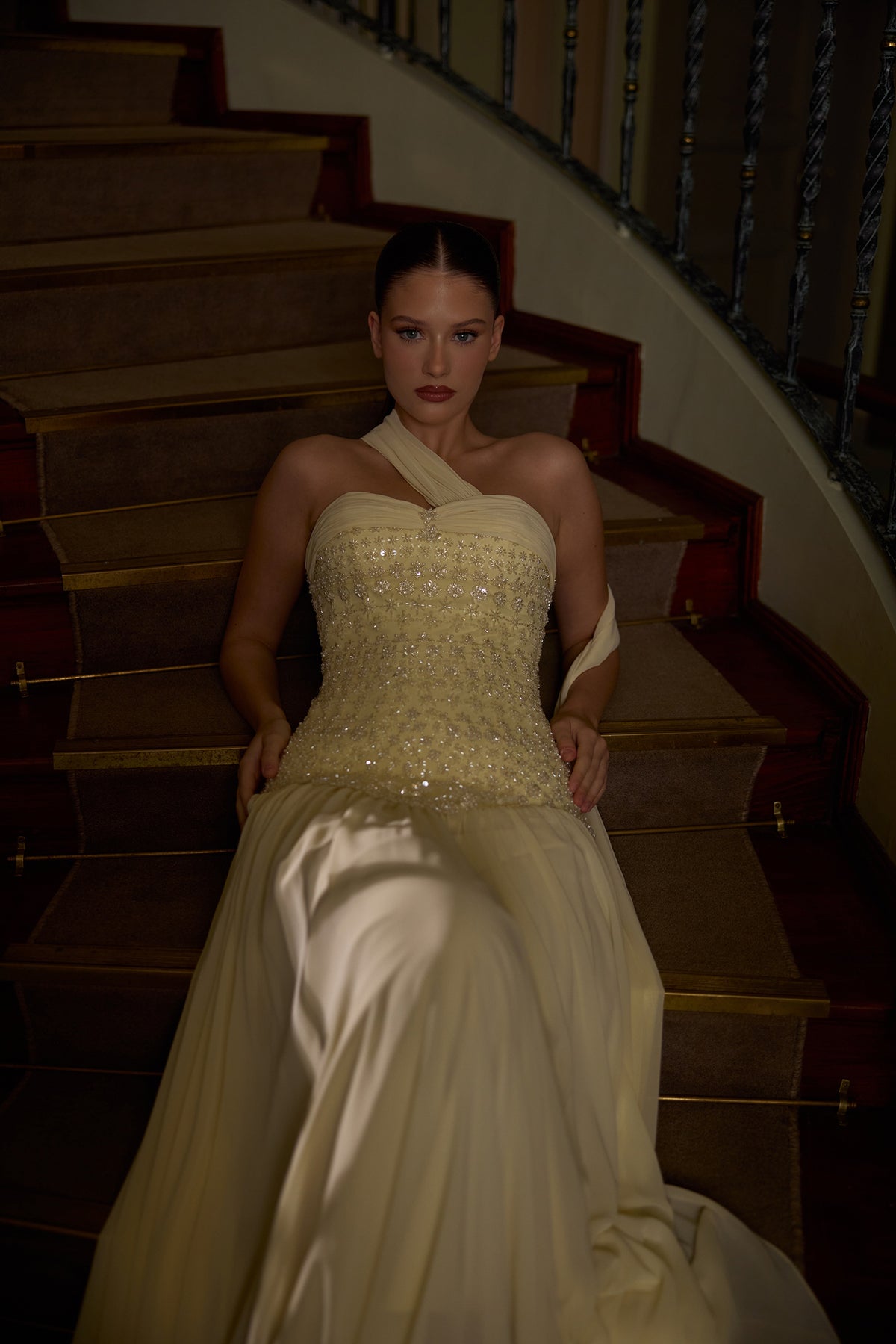 Beaded bodice evening gown in champagne tone with soft glam couture design