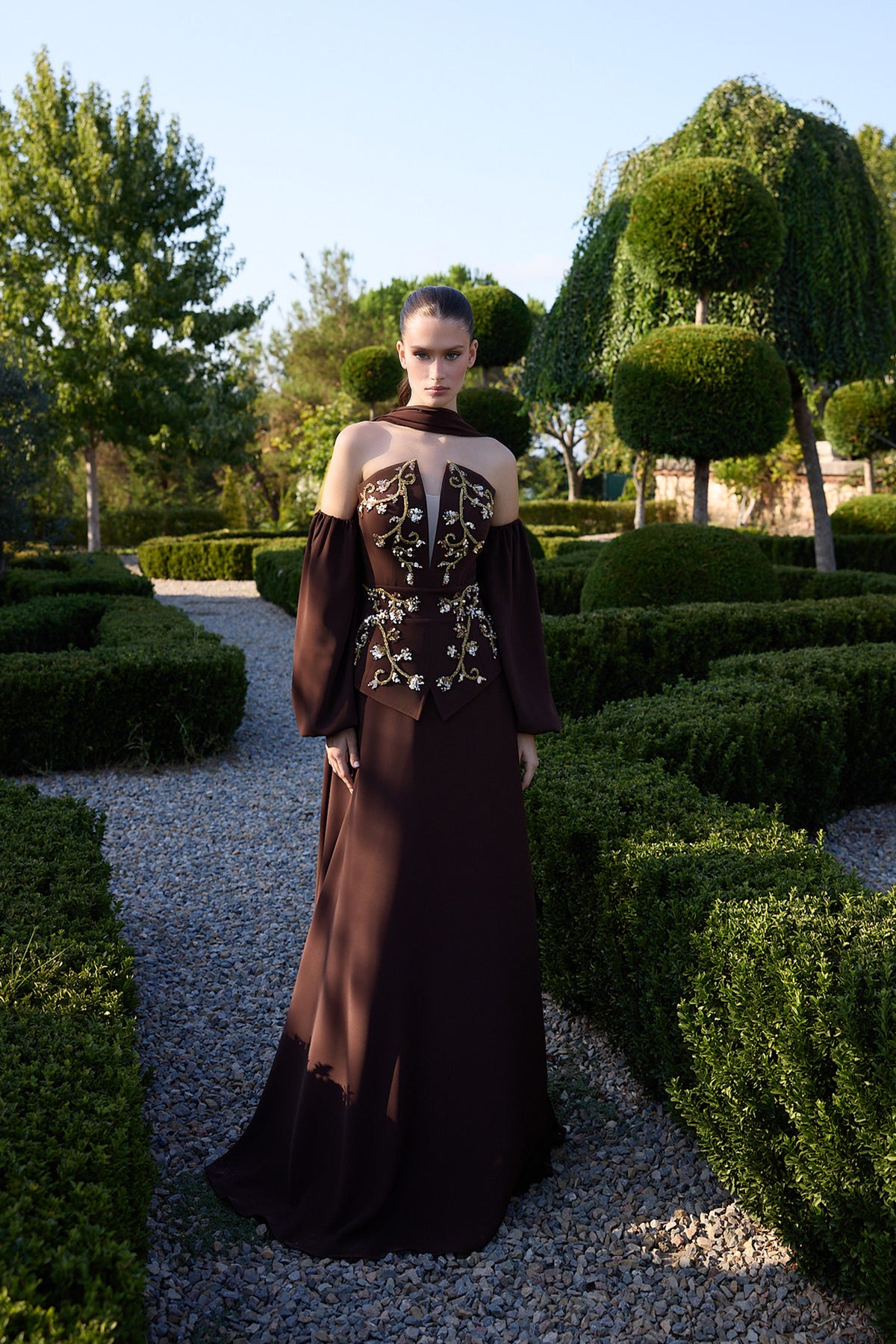 Brunavelle Chocolate Floral Corset Evening Gown