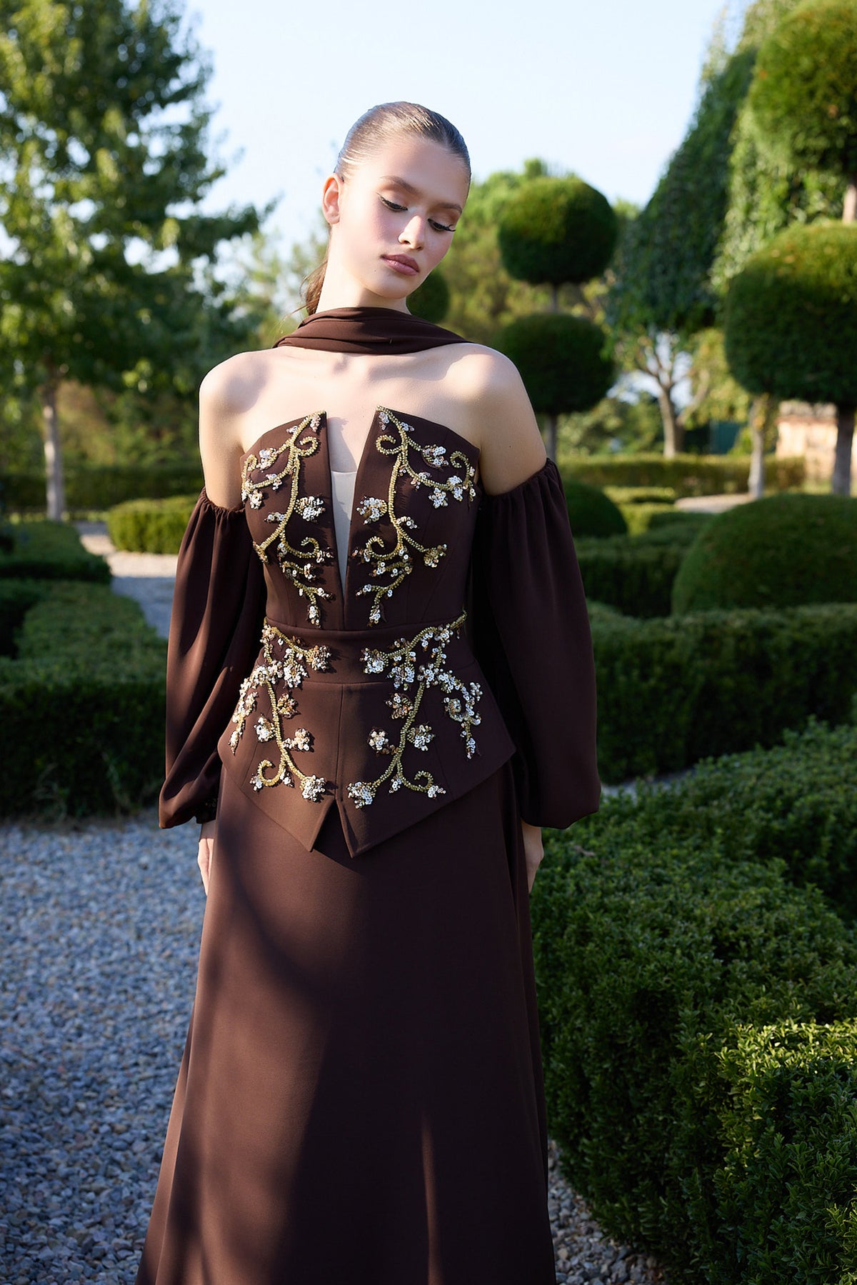 Brunavelle Chocolate Floral Corset Evening Gown