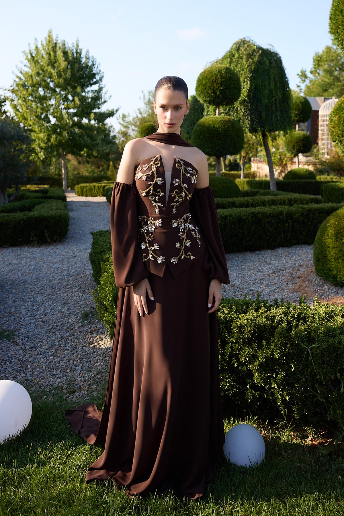 Brunavelle Chocolate Floral Corset Evening Gown