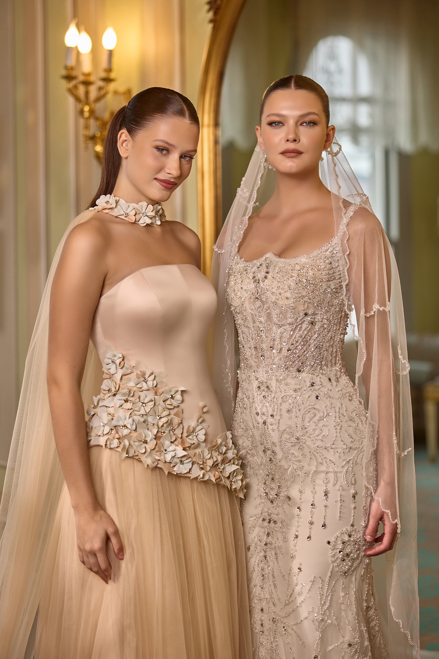Couture inspired tulle gown with 3D flower details for weddings and gala nights