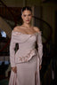 Model wearing Dixie off-shoulder modest evening gown with floral embellishments and elegant silhouette