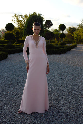 Elarisse Blush Embellished Long Sleeve Gown
