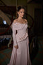 Luxury modest evening dress featuring off-shoulder neckline and floral details