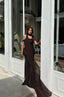 Luxury chocolate brown evening dress featuring shimmering sequins and off-shoulder neckline
