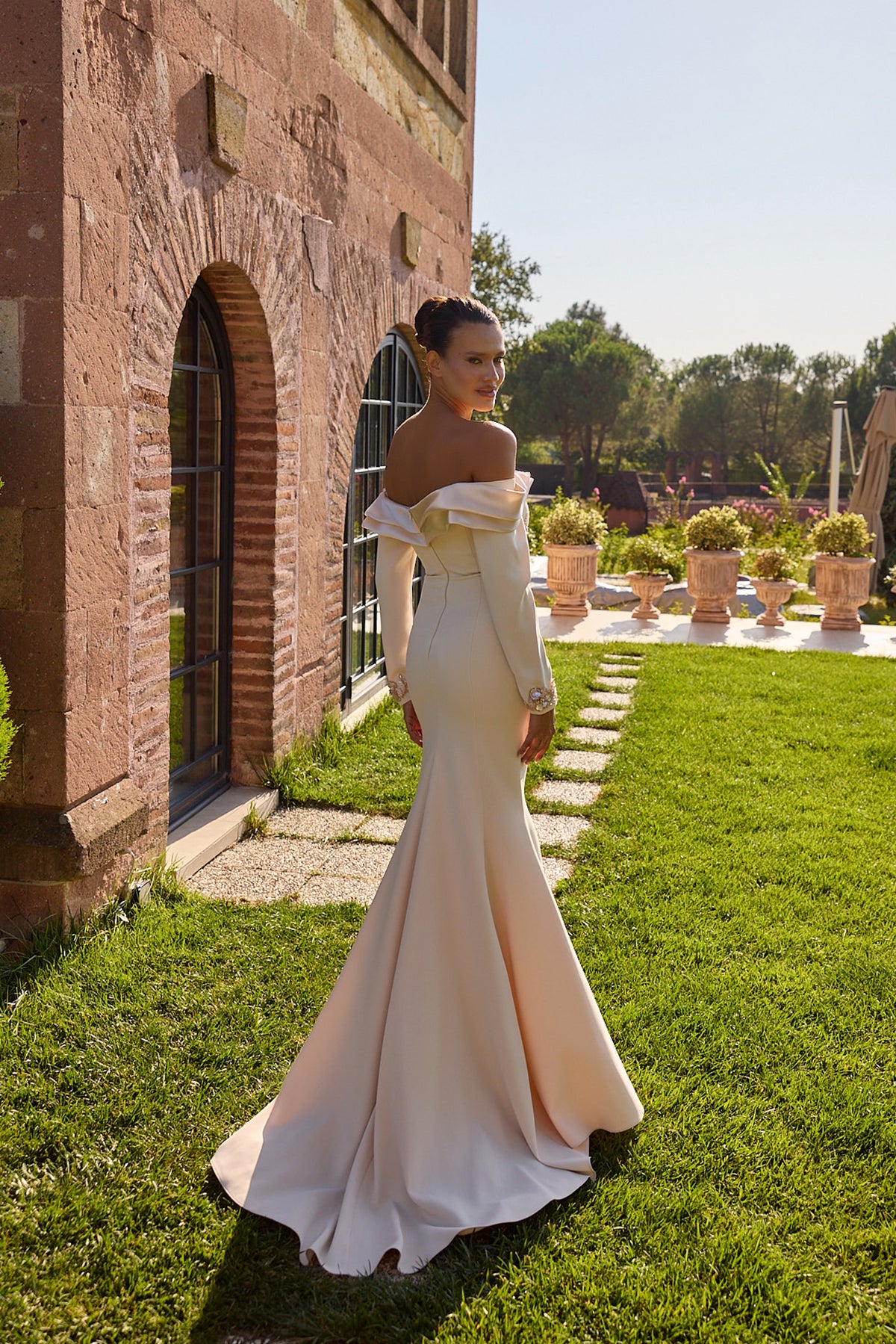 Fleurevia Ivory Sculpted Off-Shoulder Gown